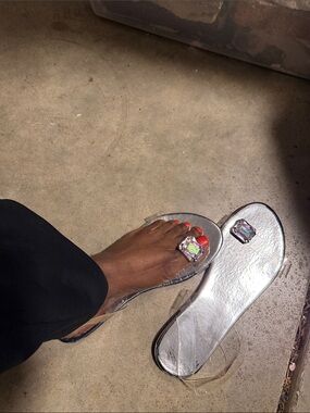 Clear Jelly Slide Sandals with Iridescent Gem Accent - Silver